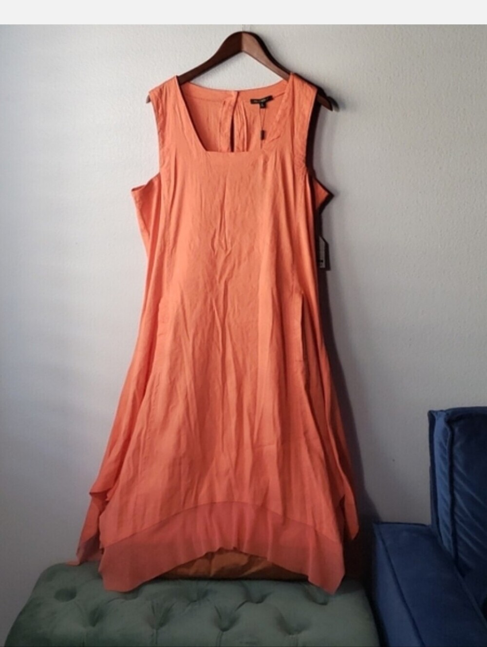 For Cynthia Stretch Linen blend lagenlook flowy orange summer midi dress sz M